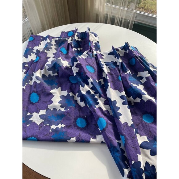 Vintage 70s pleated curtains, floral purple blue flower power, pair of panels - Picture 4 of 10